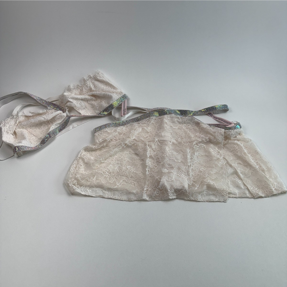 Victoria's Secret Lace Bralette Top & Built in Panty Skirt Set White XL NWT